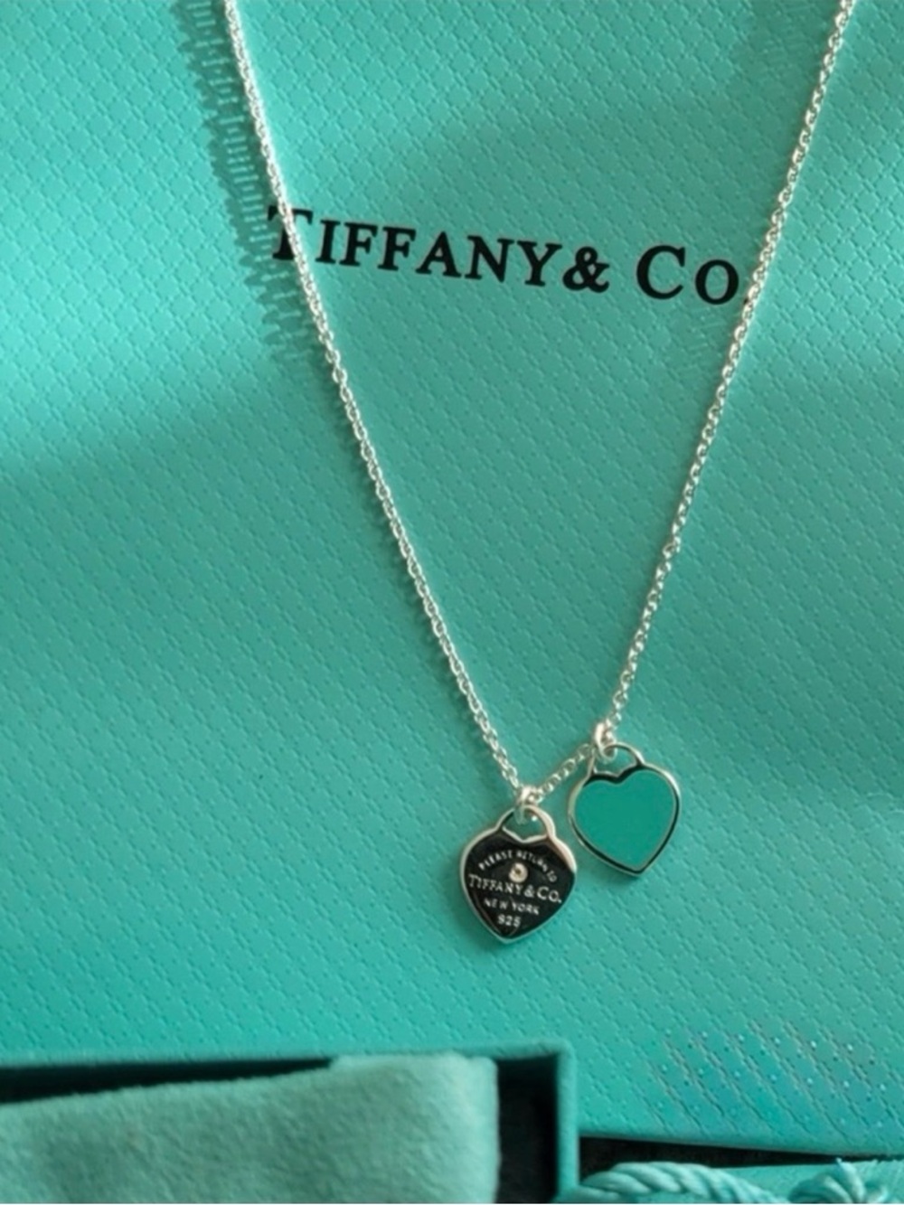 Tiffany & Co. Silver Twin Heart Necklace with Tiffany Blue Enamel